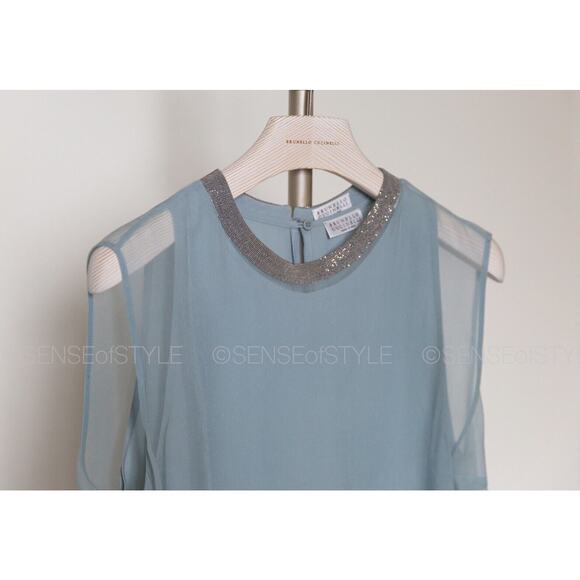 Brunello Cucinelli Silk Women's Top Blue Monili Summer Elegant Evening size L - Picture 7 of 7